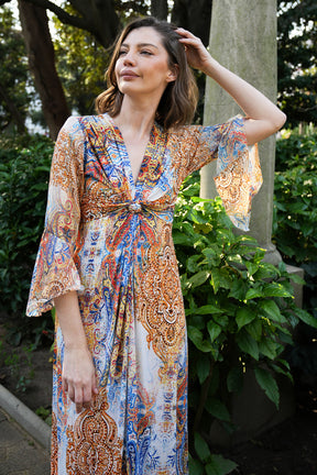 Blue and Yellow Paisley Knot Dress With Sleeves