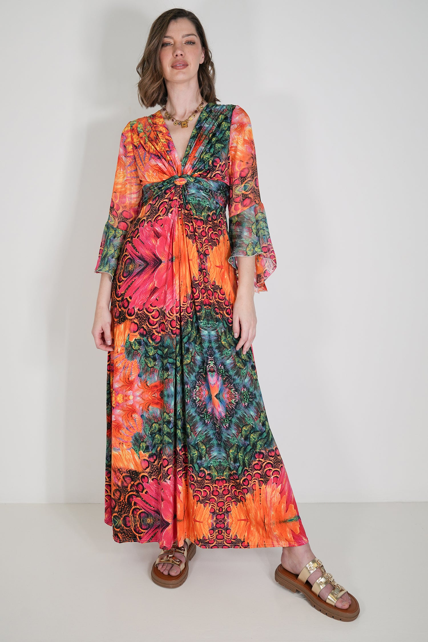 Multicolour Knot Dress With Sleeves