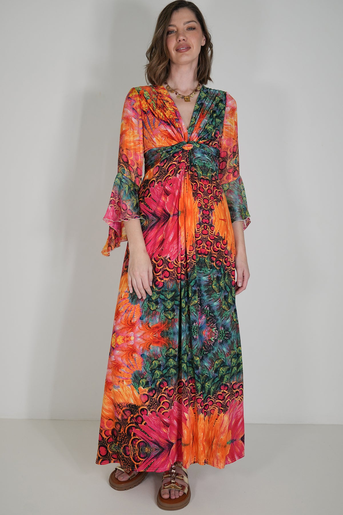 Multicolour Knot Dress With Sleeves