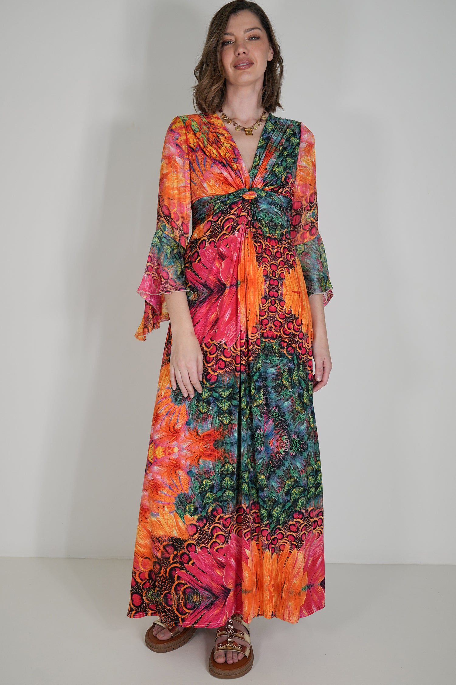 Multicolour Knot Dress With Sleeves
