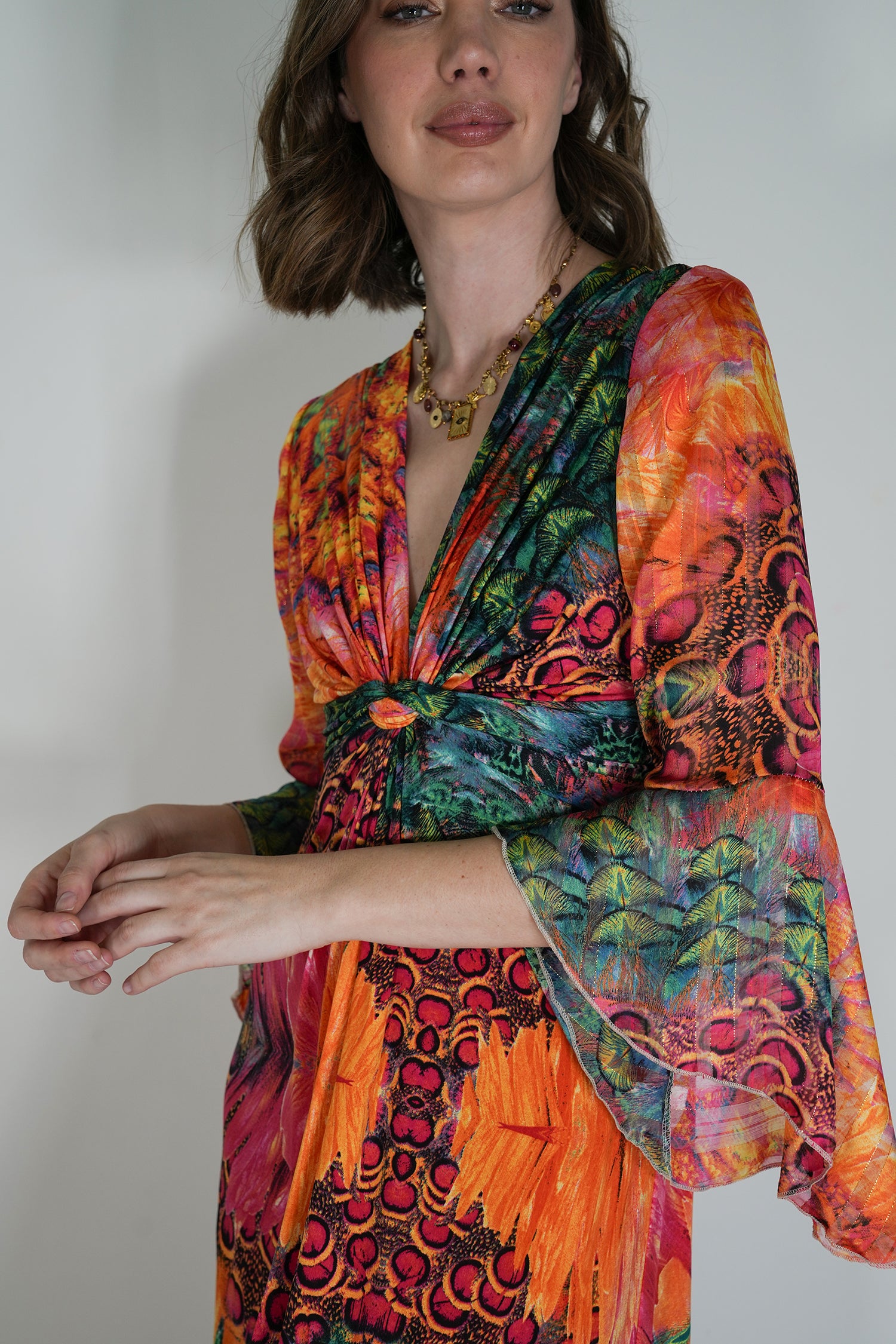 Multicolour Knot Dress With Sleeves