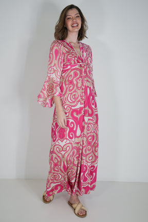 Taupe and Pink Geometric Knot Dress With Sleeves
