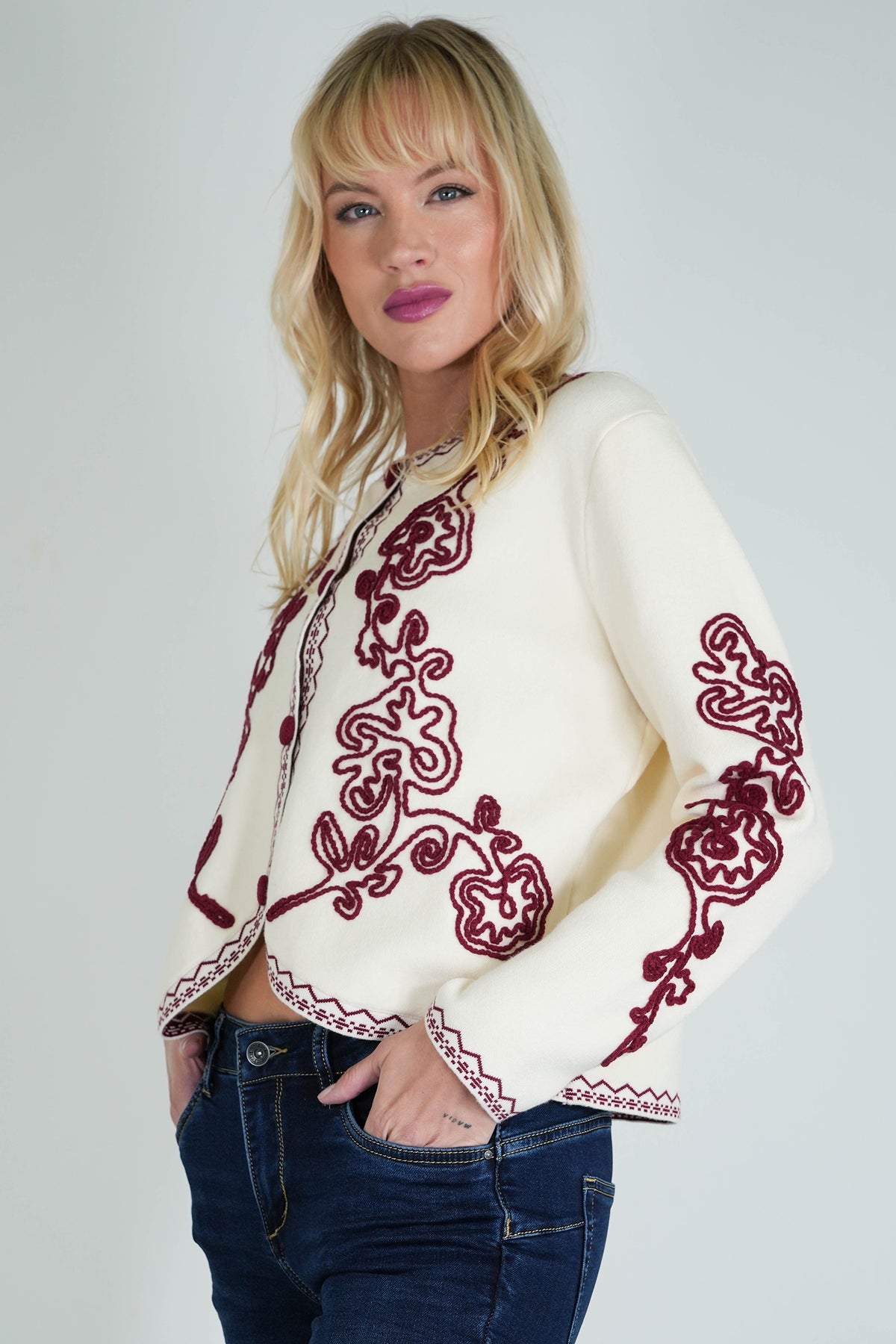 Cream and Burgundy Theresa Cardigan