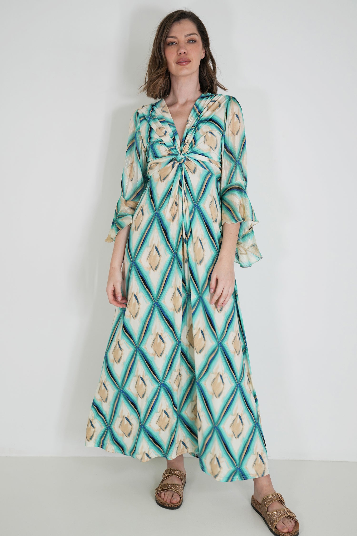Turquoise and Cream Knot Dress With Sleeves