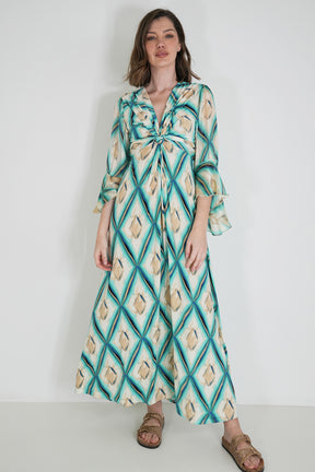 Turquoise and Cream Knot Dress With Sleeves