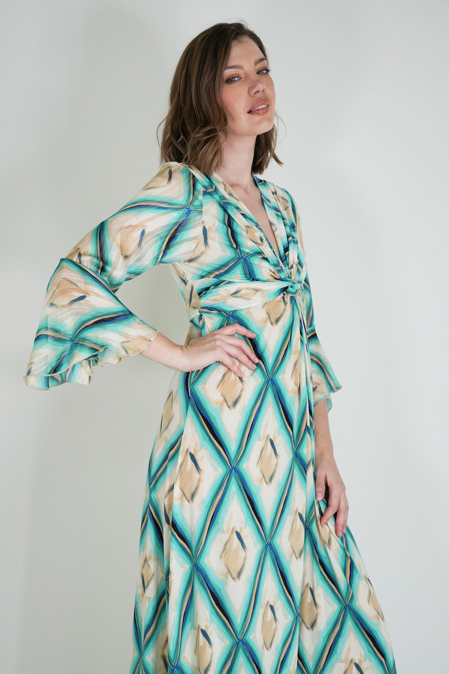 Turquoise and Cream Knot Dress With Sleeves