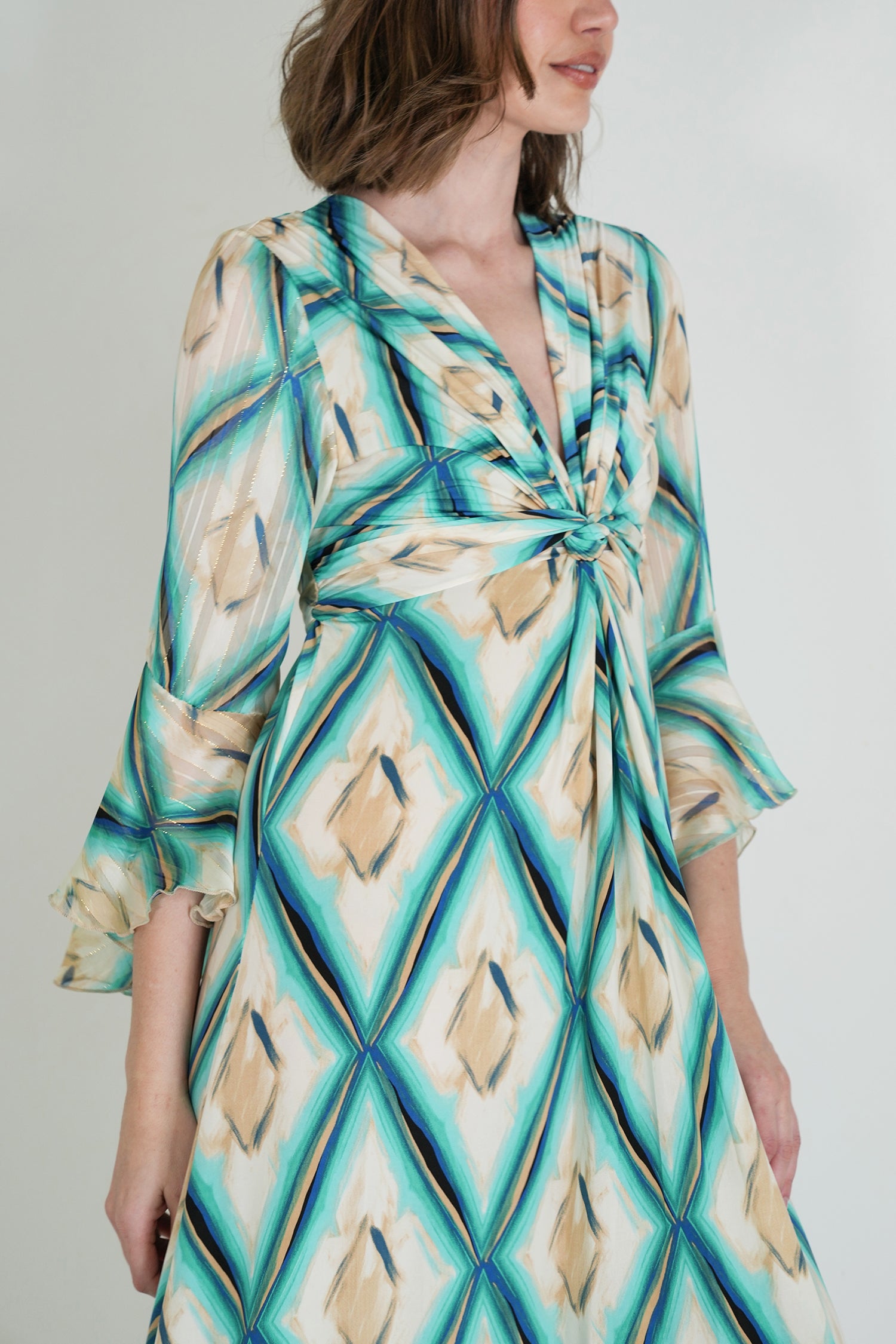 Turquoise and Cream Knot Dress With Sleeves