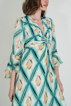Turquoise and Cream Knot Dress With Sleeves