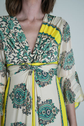 Green and Yellow Knot Dress With Sleeves