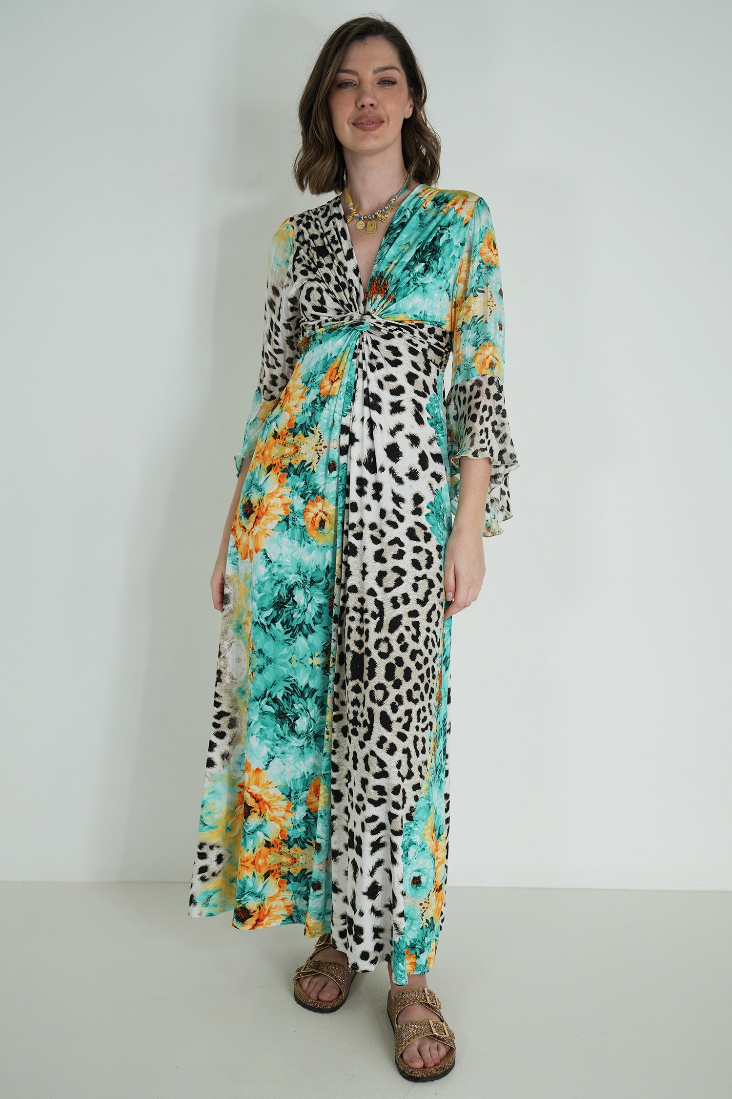 Green Leopard Floral Knot Dress With Sleeves