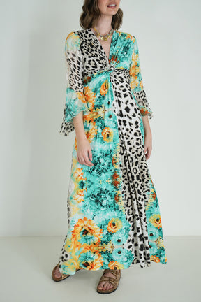 Green Leopard Floral Knot Dress With Sleeves