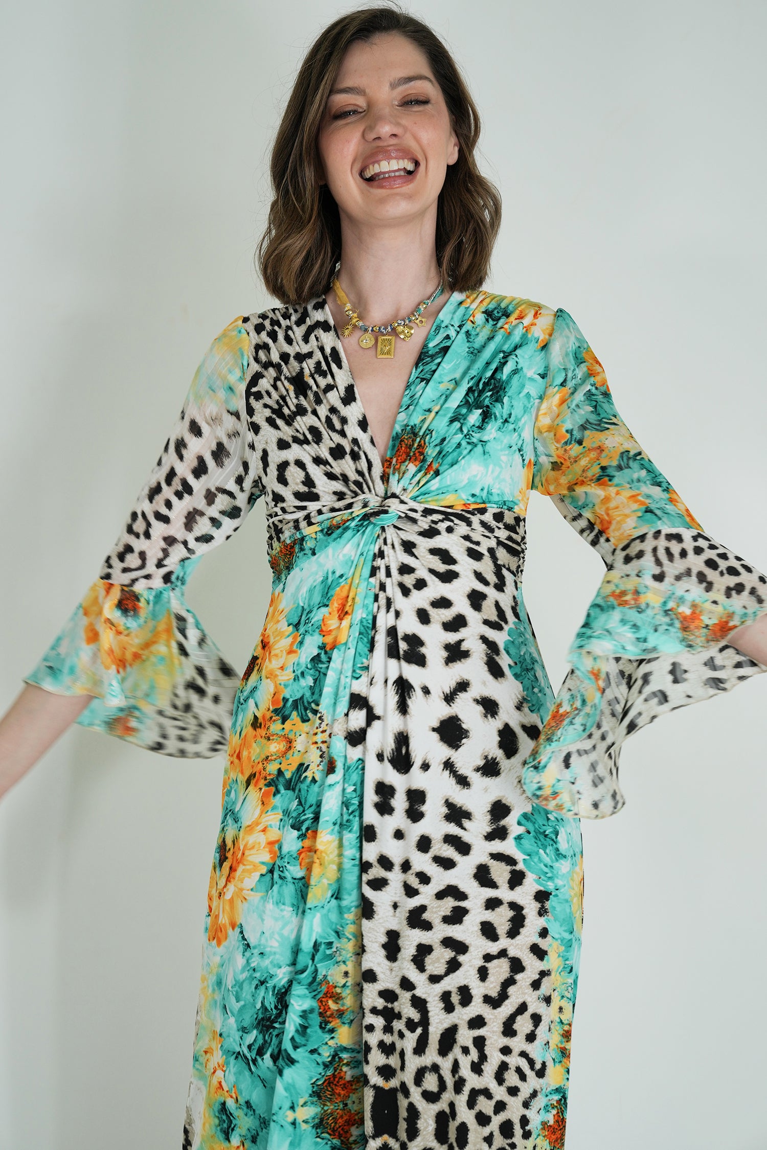 Green Leopard Floral Knot Dress With Sleeves