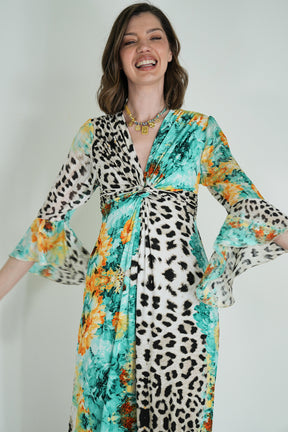 Green Leopard Floral Knot Dress With Sleeves