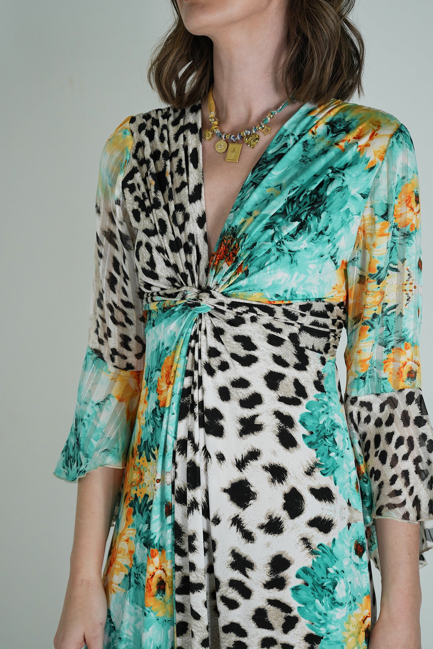 Green Leopard Floral Knot Dress With Sleeves