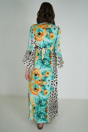 Green Leopard Floral Knot Dress With Sleeves