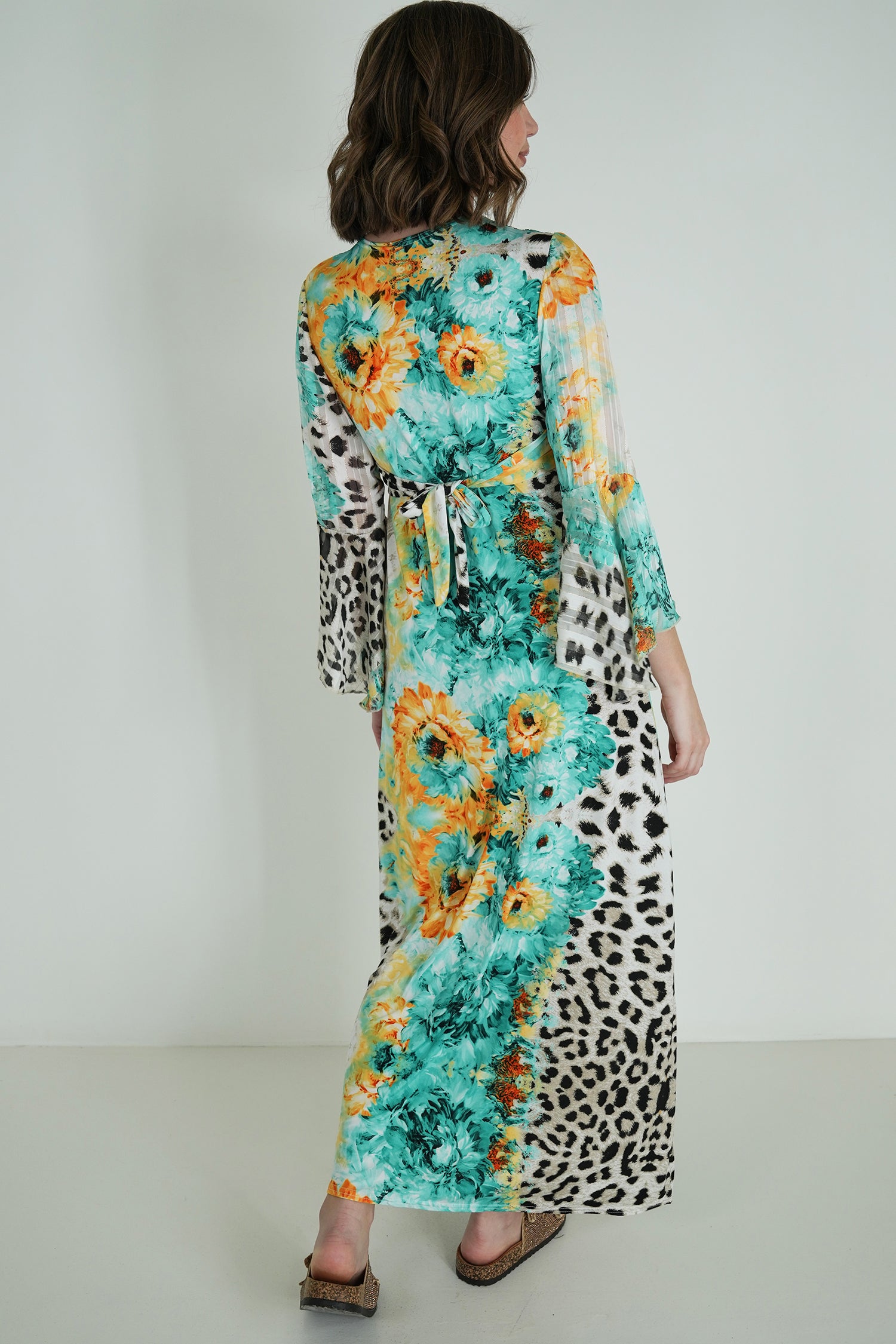 Green Leopard Floral Knot Dress With Sleeves