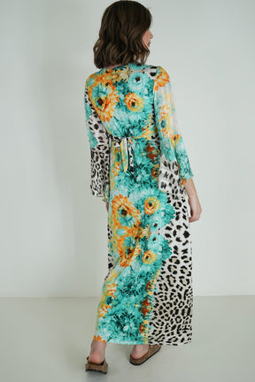 Green Leopard Floral Knot Dress With Sleeves