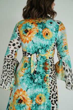 Green Leopard Floral Knot Dress With Sleeves