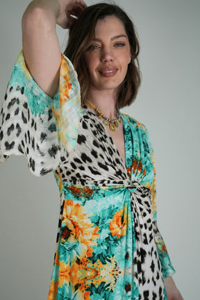 Green Leopard Floral Knot Dress With Sleeves