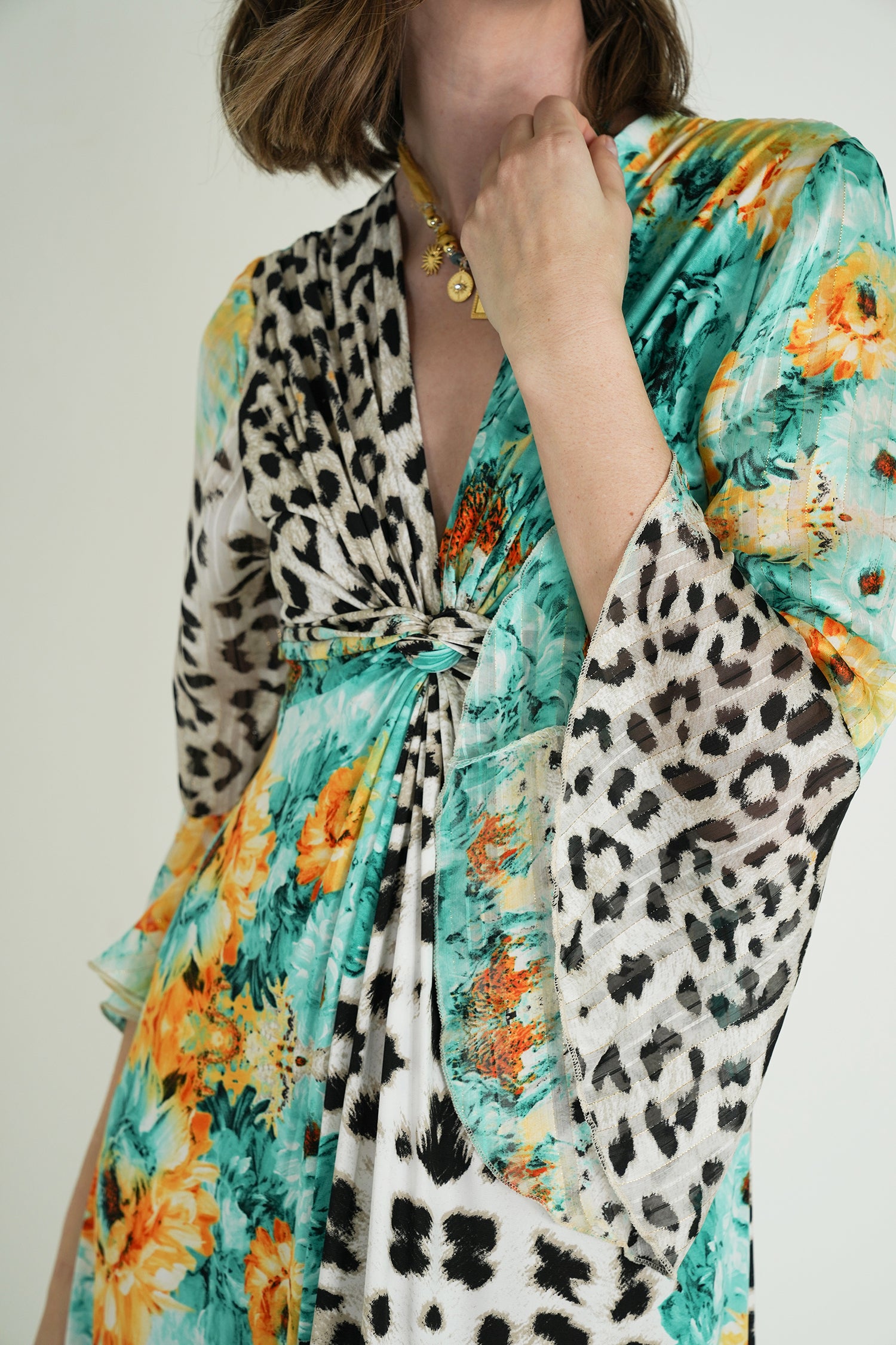 Green Leopard Floral Knot Dress With Sleeves