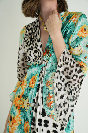 Green Leopard Floral Knot Dress With Sleeves