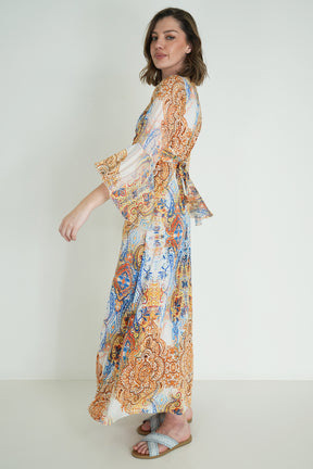 Blue and Yellow Paisley Knot Dress With Sleeves