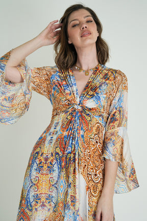 Blue and Yellow Paisley Knot Dress With Sleeves