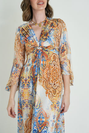 Blue and Yellow Paisley Knot Dress With Sleeves