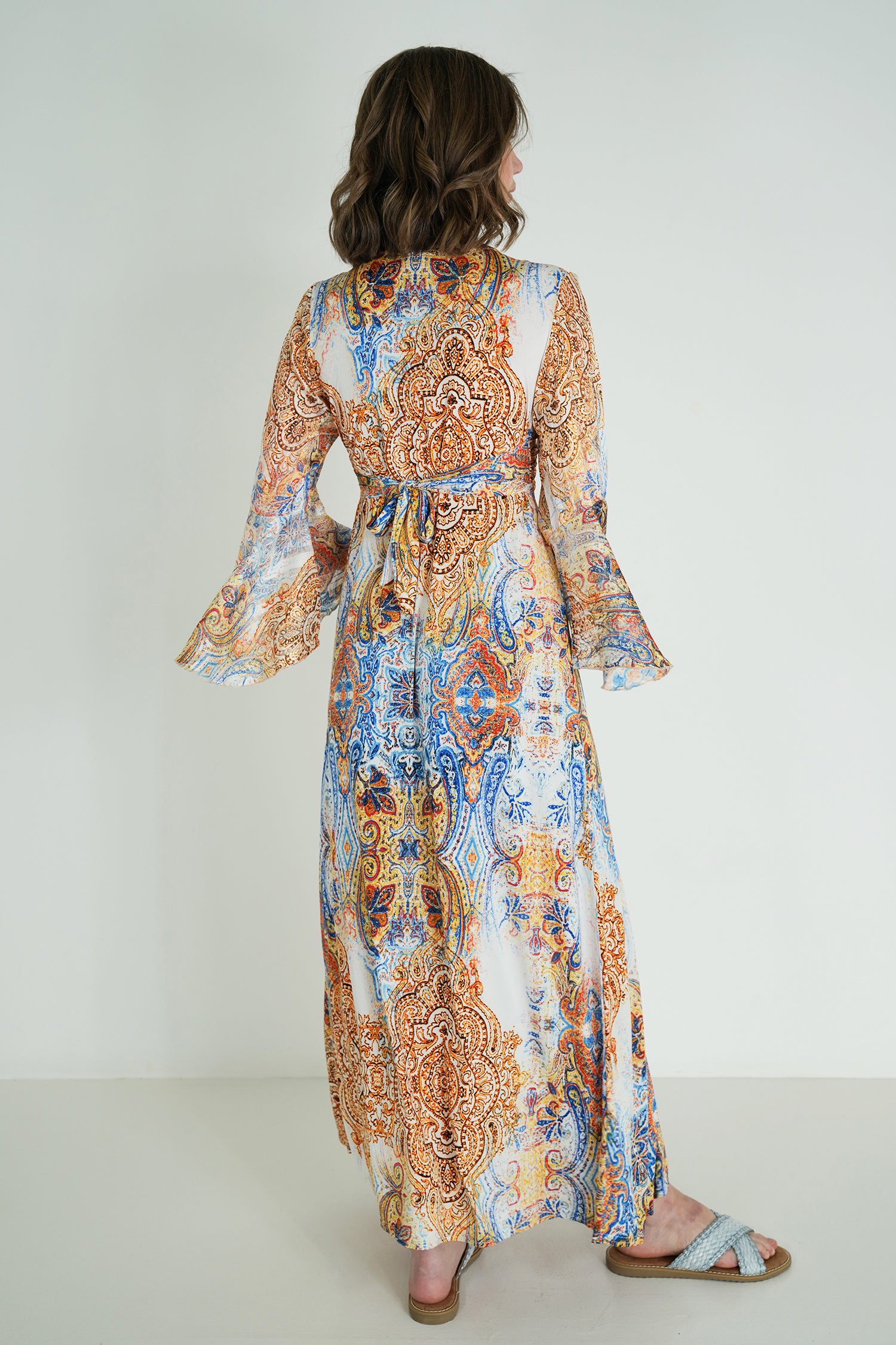 Blue and Yellow Paisley Knot Dress With Sleeves