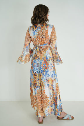 Blue and Yellow Paisley Knot Dress With Sleeves
