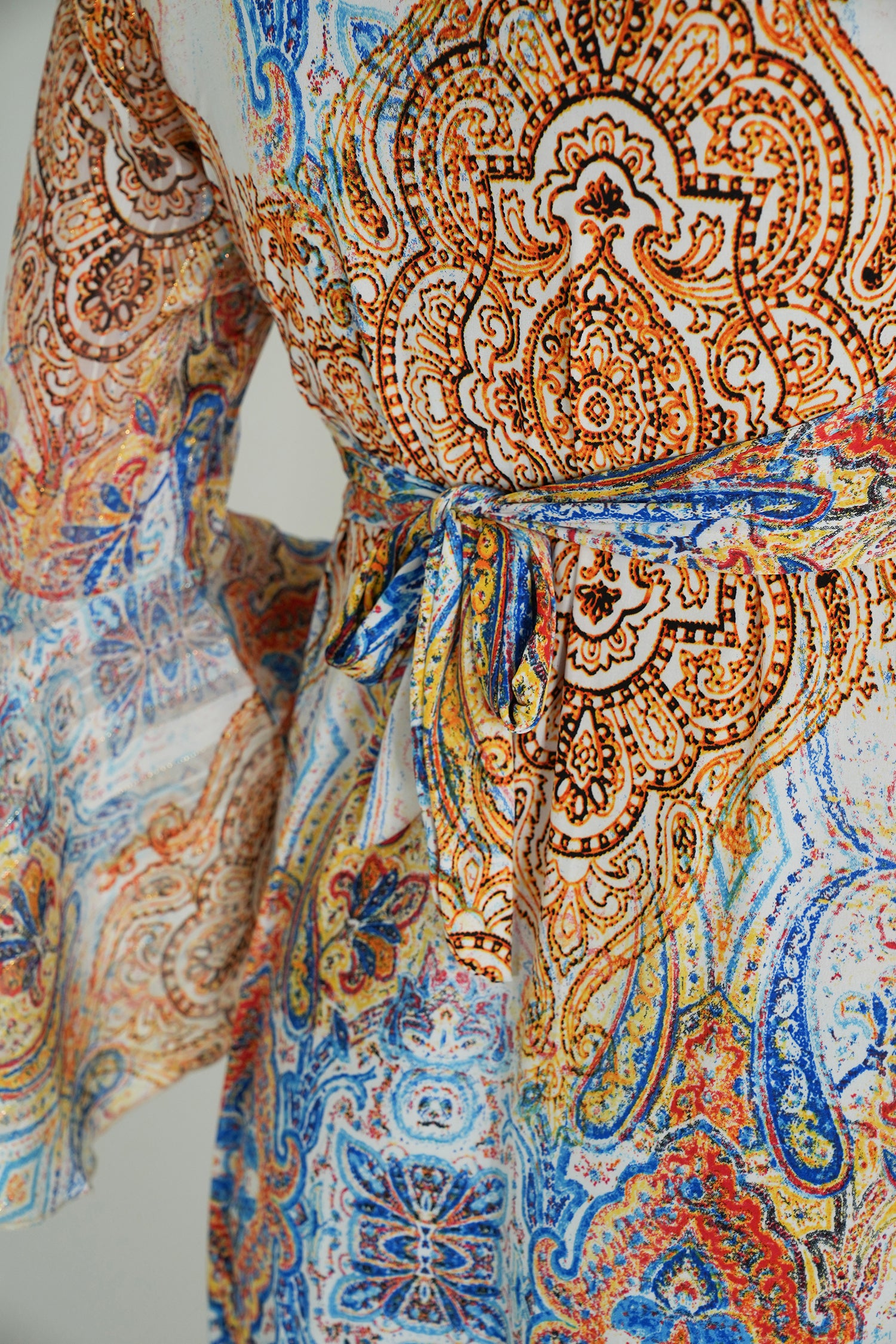 Blue and Yellow Paisley Knot Dress With Sleeves