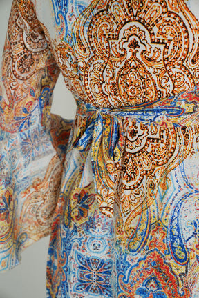 Blue and Yellow Paisley Knot Dress With Sleeves
