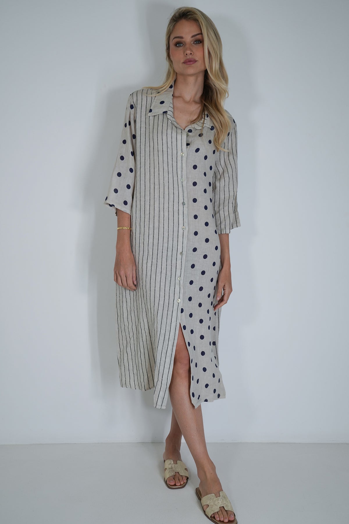 Cream Ink Spot Stripe Linen Dress