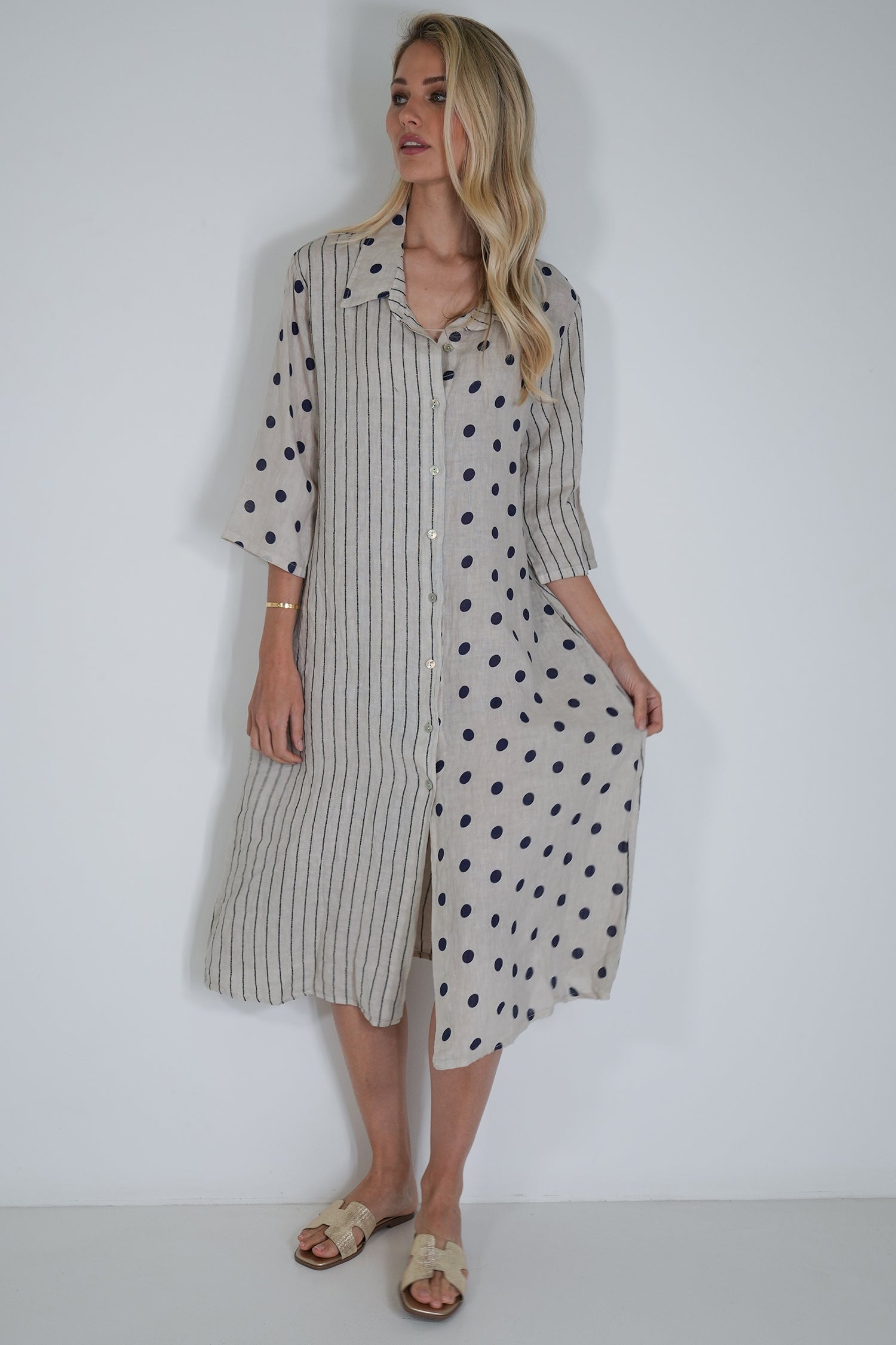 Cream Ink Spot Stripe Linen Dress