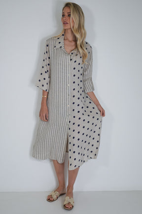 Cream Ink Spot Stripe Linen Dress