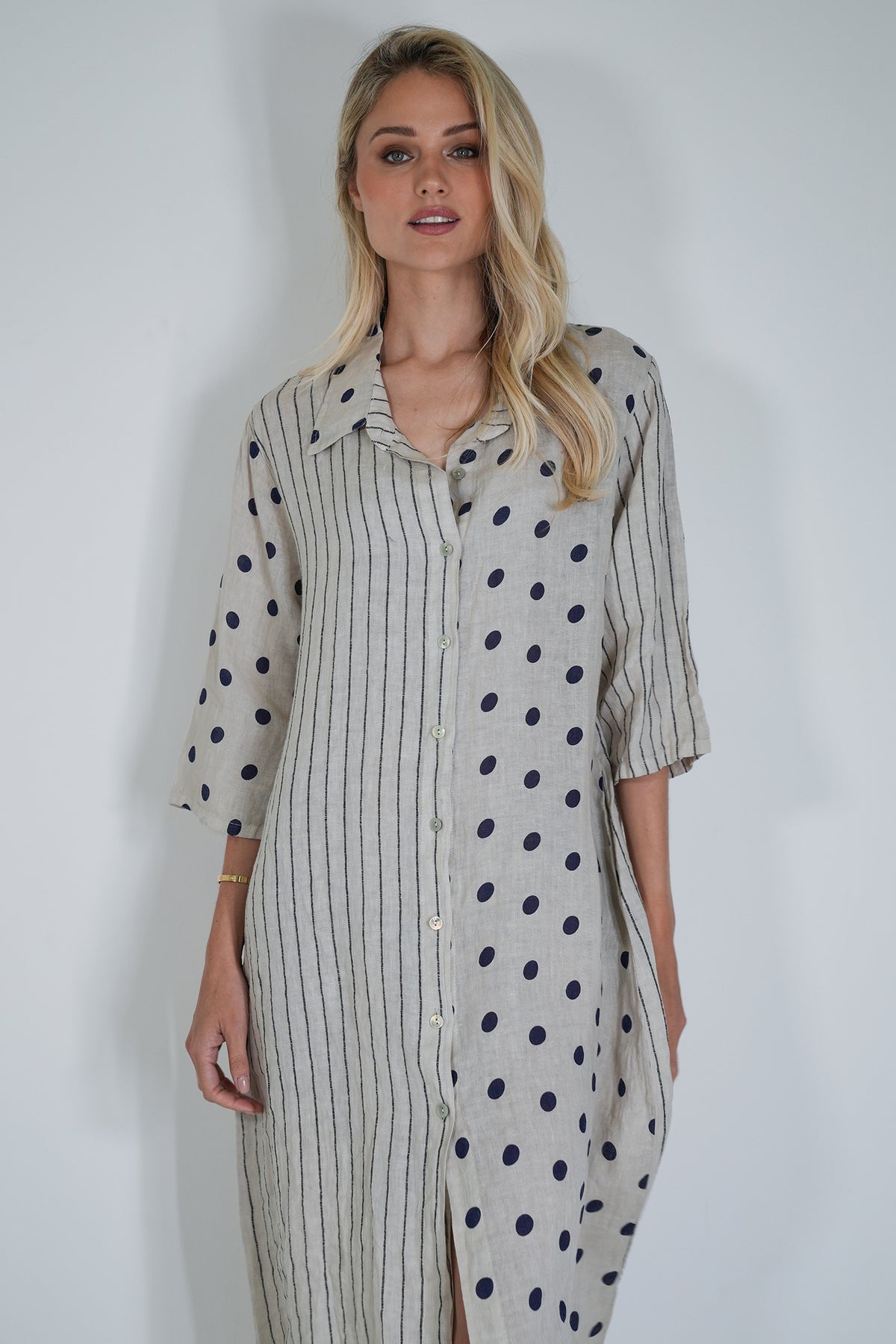 Cream Ink Spot Stripe Linen Dress