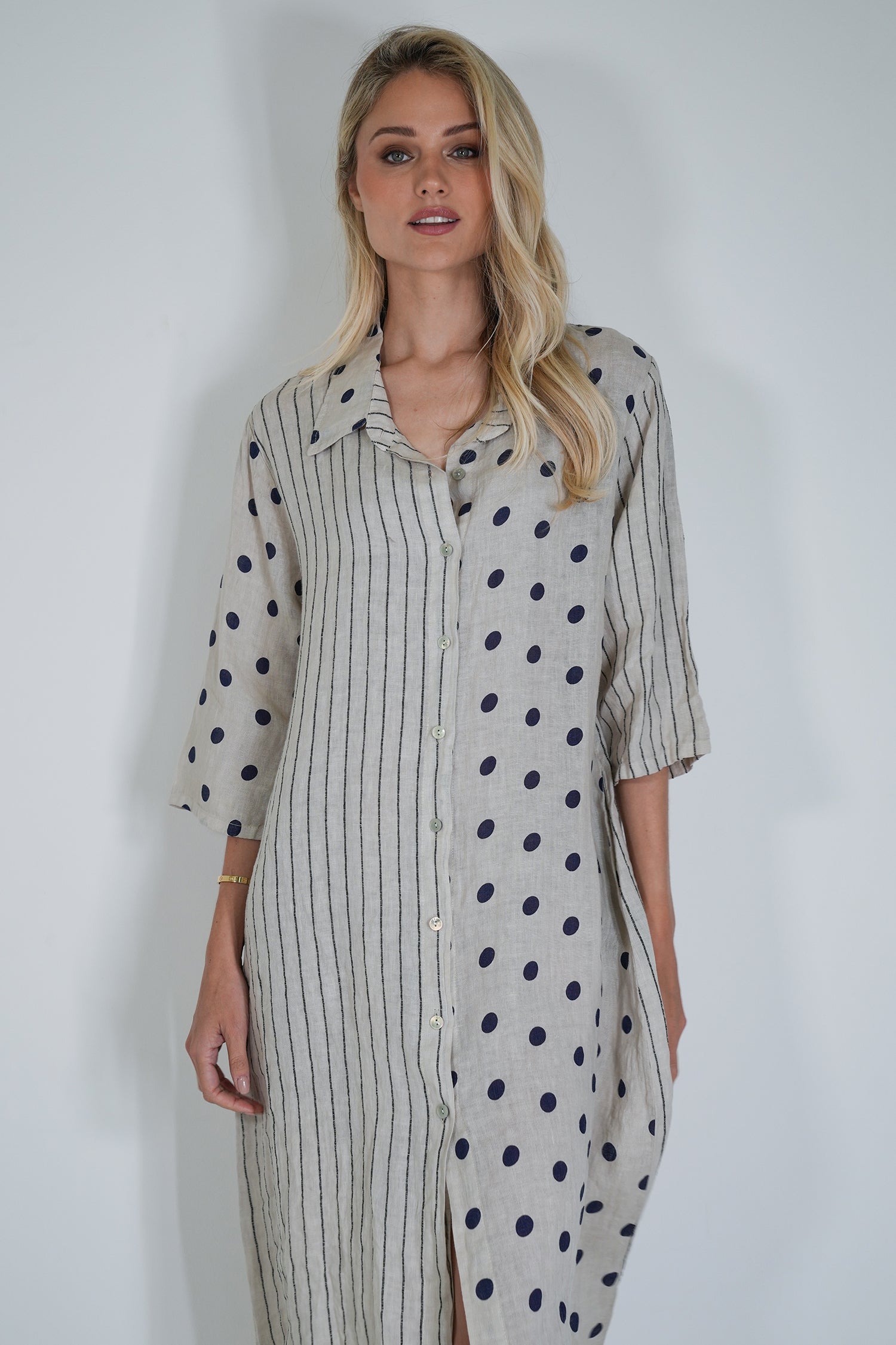 Cream Ink Spot Stripe Linen Dress