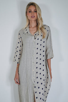 Cream Ink Spot Stripe Linen Dress