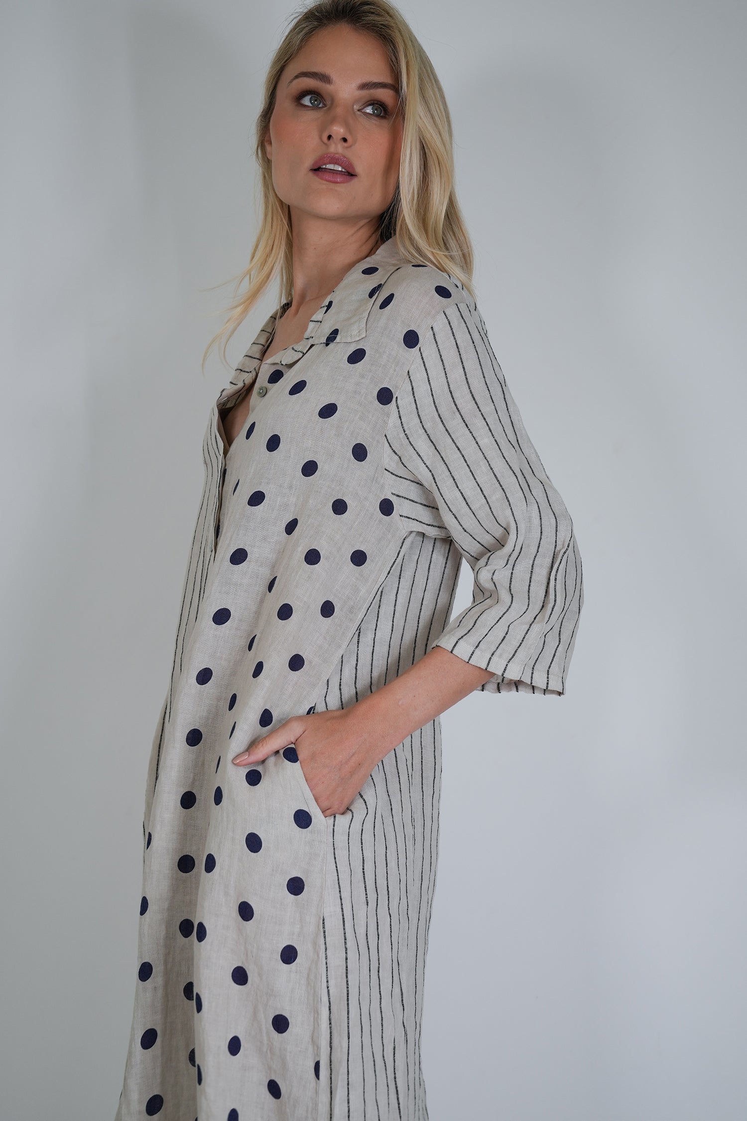 Cream Ink Spot Stripe Linen Dress