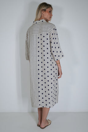 Cream Ink Spot Stripe Linen Dress