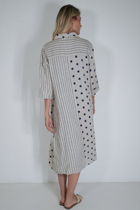 Cream Ink Spot Stripe Linen Dress