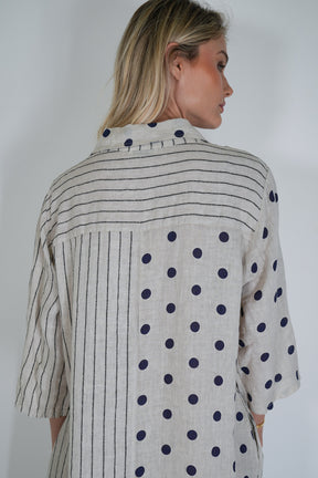 Cream Ink Spot Stripe Linen Dress
