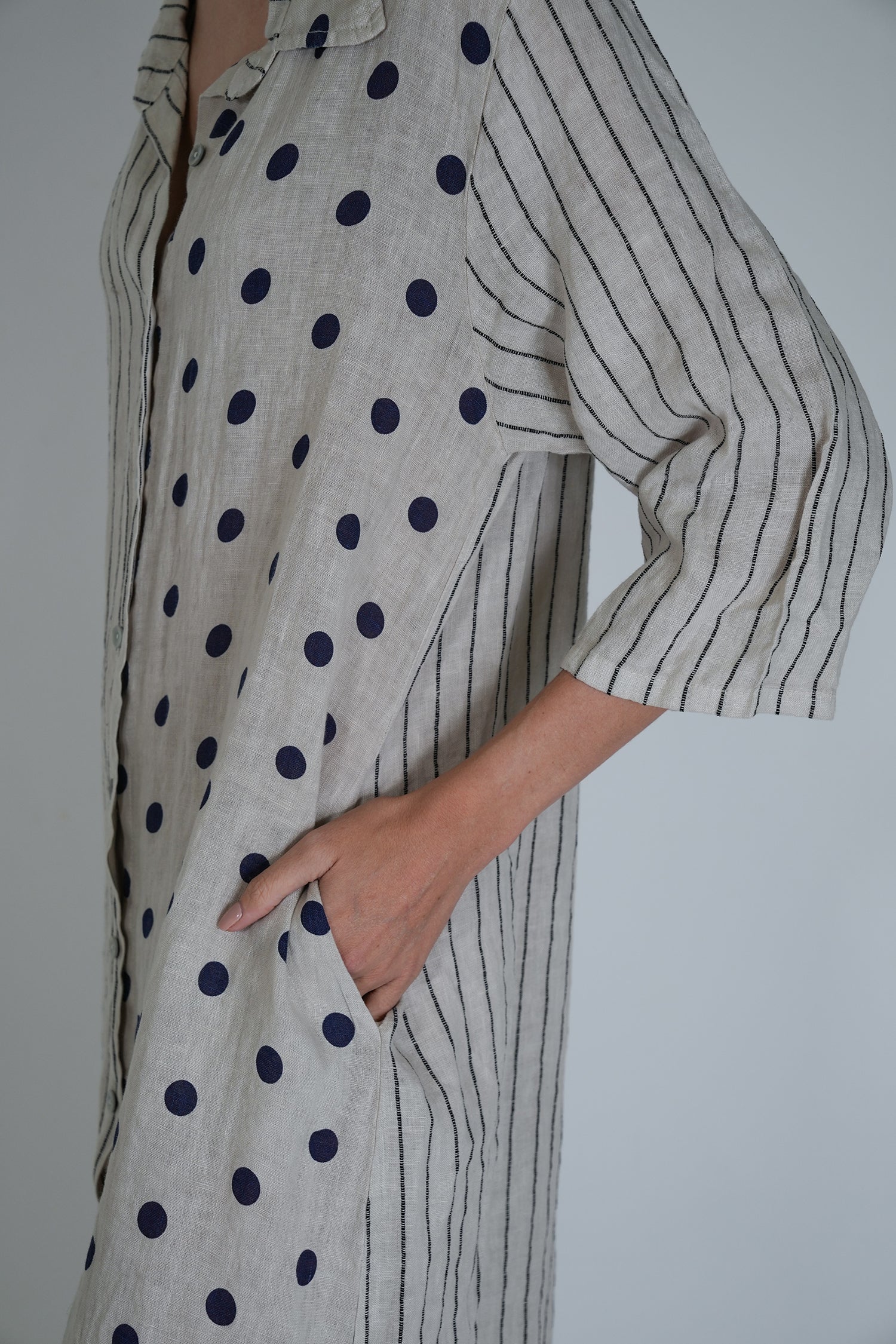Cream Ink Spot Stripe Linen Dress