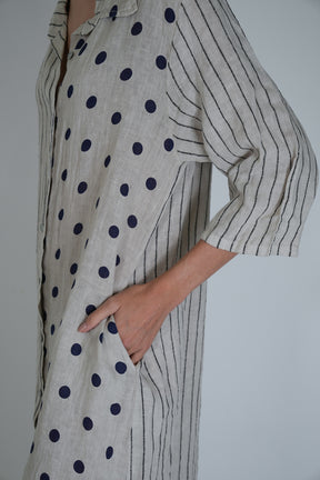 Cream Ink Spot Stripe Linen Dress