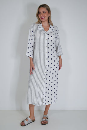 White Ink Spot Stripe Linen Dress