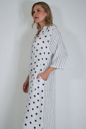 White Ink Spot Stripe Linen Dress