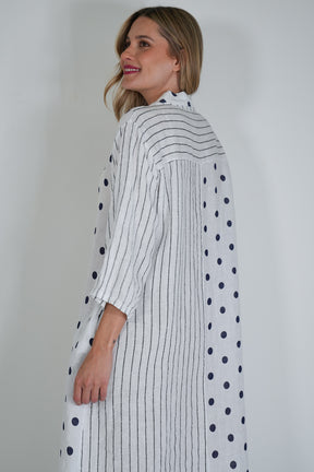 White Ink Spot Stripe Linen Dress