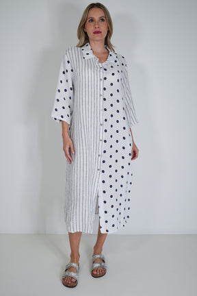 White Ink Spot Stripe Linen Dress