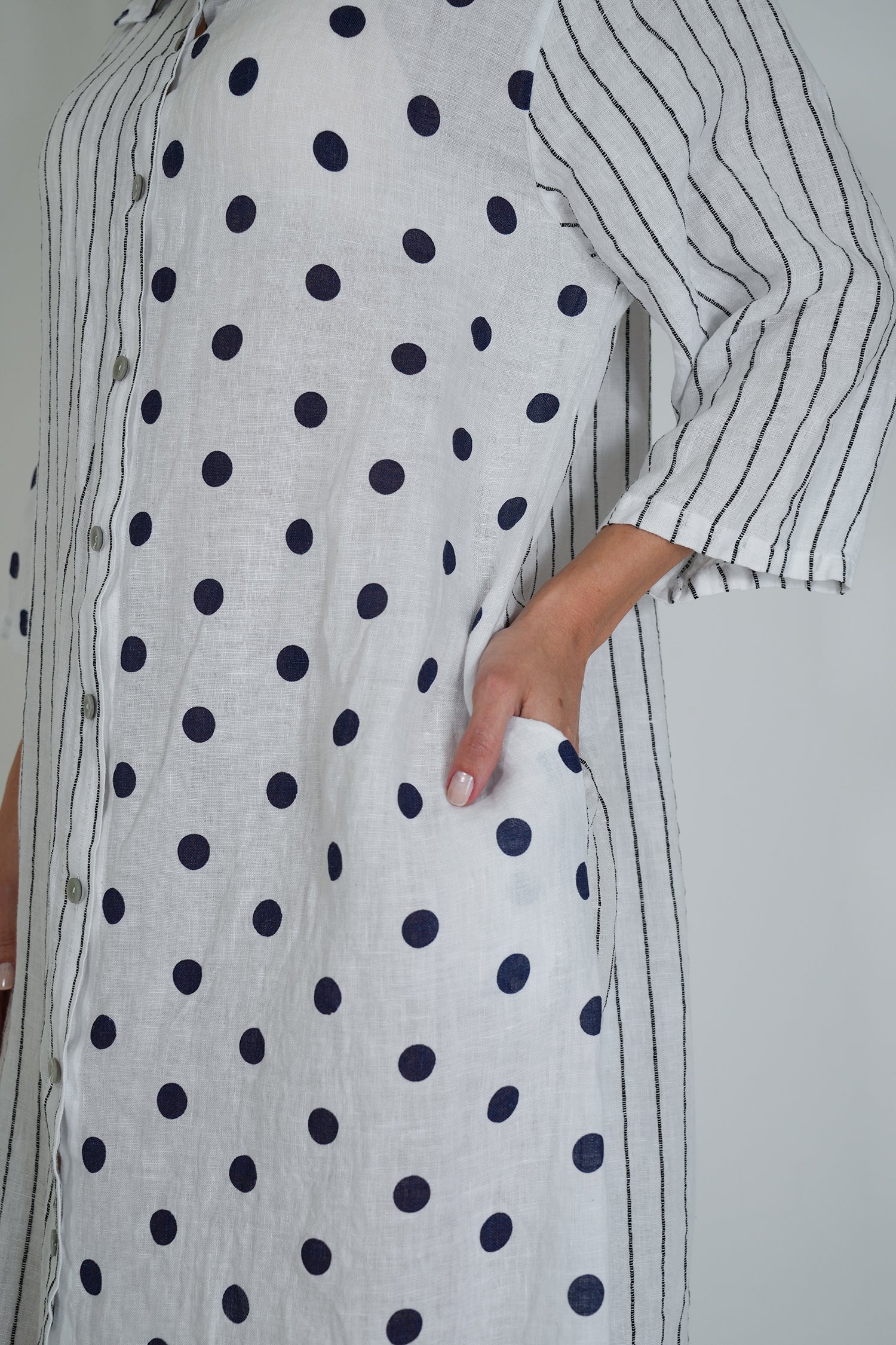 White Ink Spot Stripe Linen Dress
