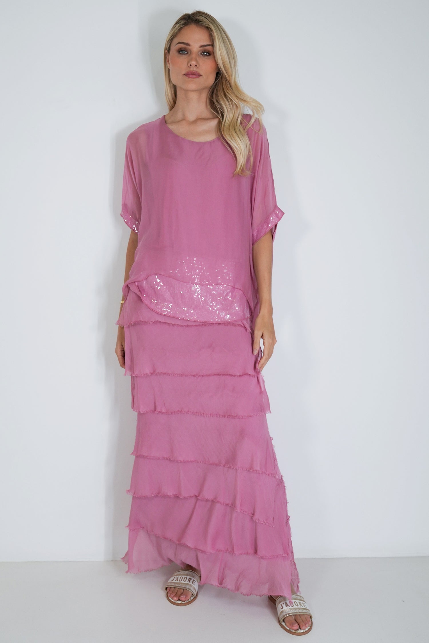Pink Sequin Silk Poncho